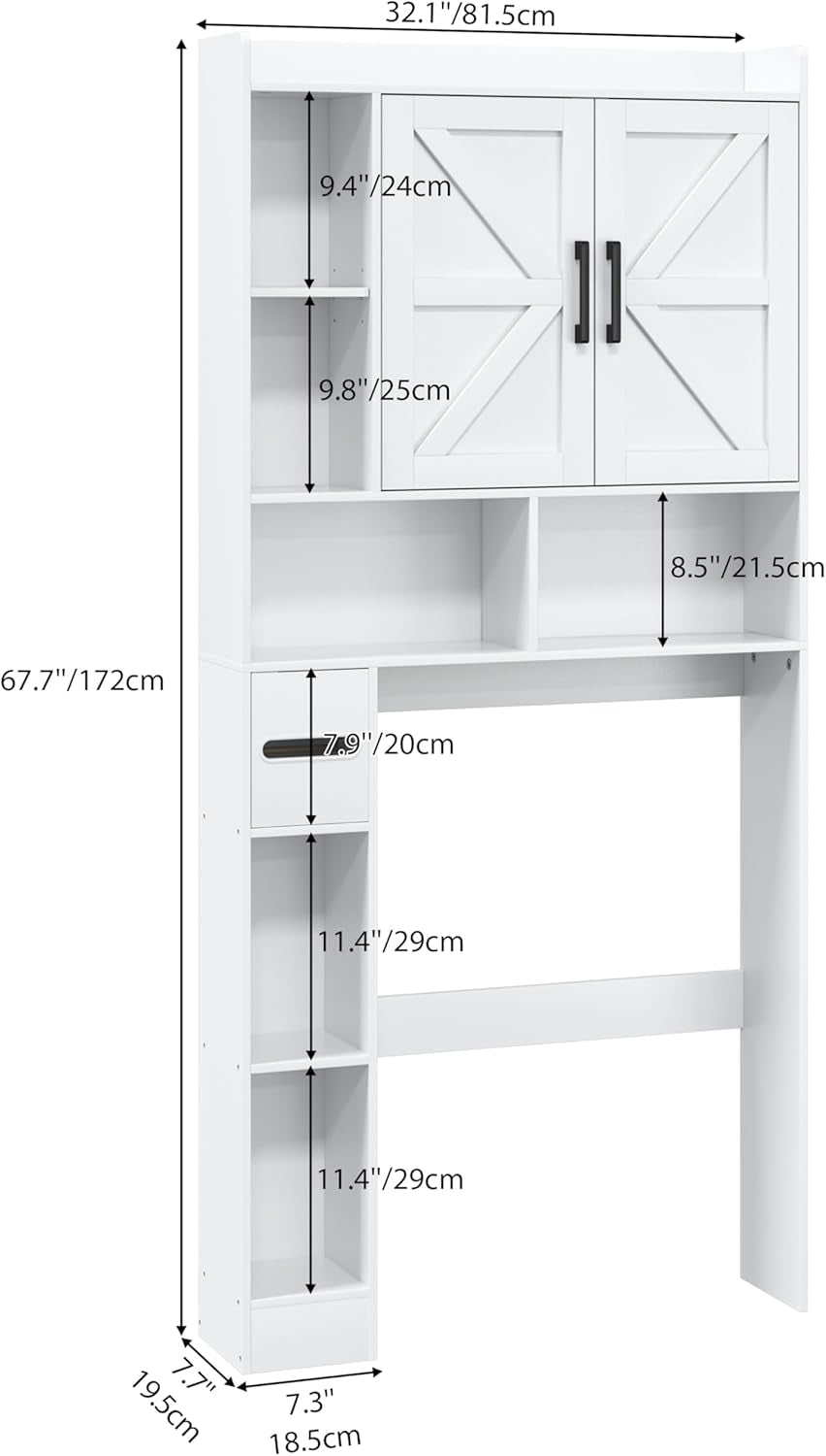 Over the Toilet Storage Cabinet, Tall Bathroom Cabinet Organizer with Adjustable Shelves and Toilet Paper Holder, 32" W Farmhouse Storage Cabinet with 2 Barn Doors for Laundry, Restroom, White