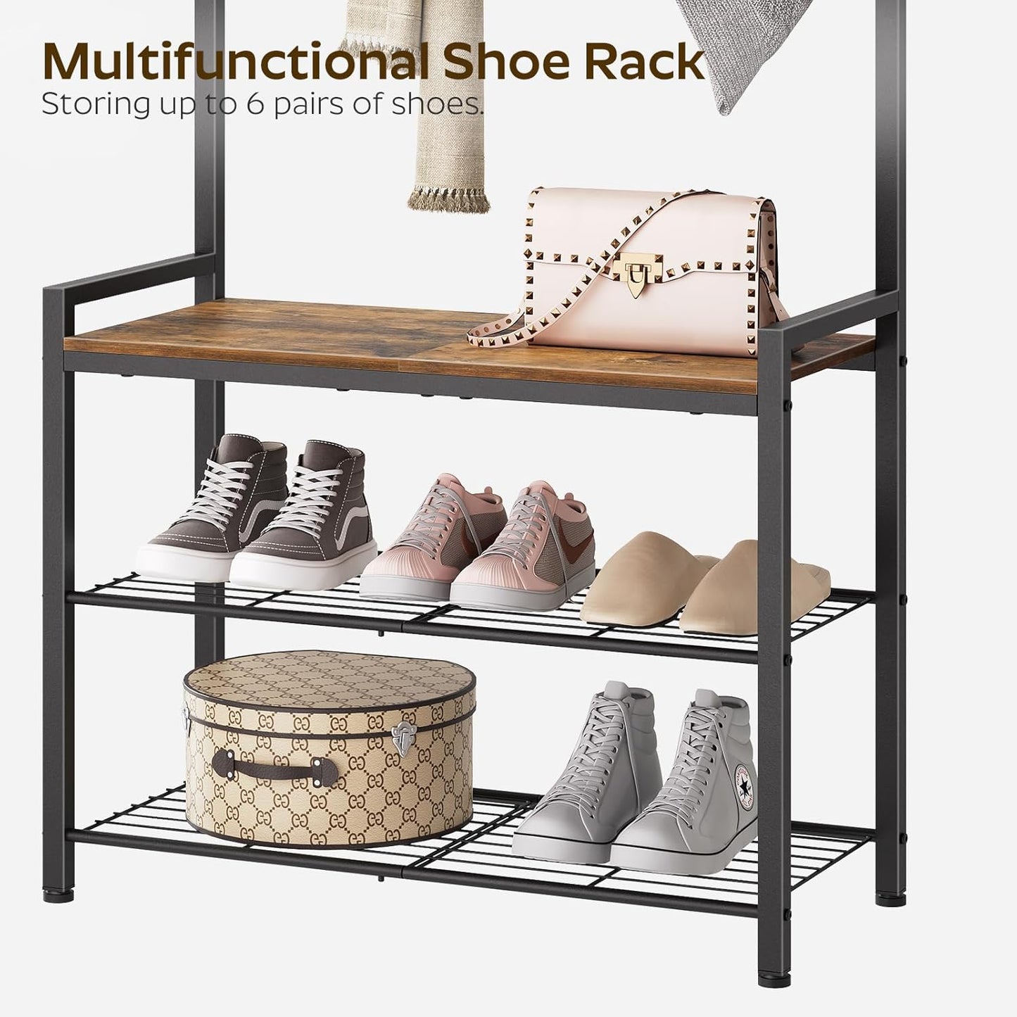 Hall Tree, Coat Rack with Shoe Bench, Entryway Bench with Shoe Storage, Multifunctional Entryway Storage Organizer, Metal Frame and 8 Movable Hooks, for Hallway, Rustic Brown MT01BR