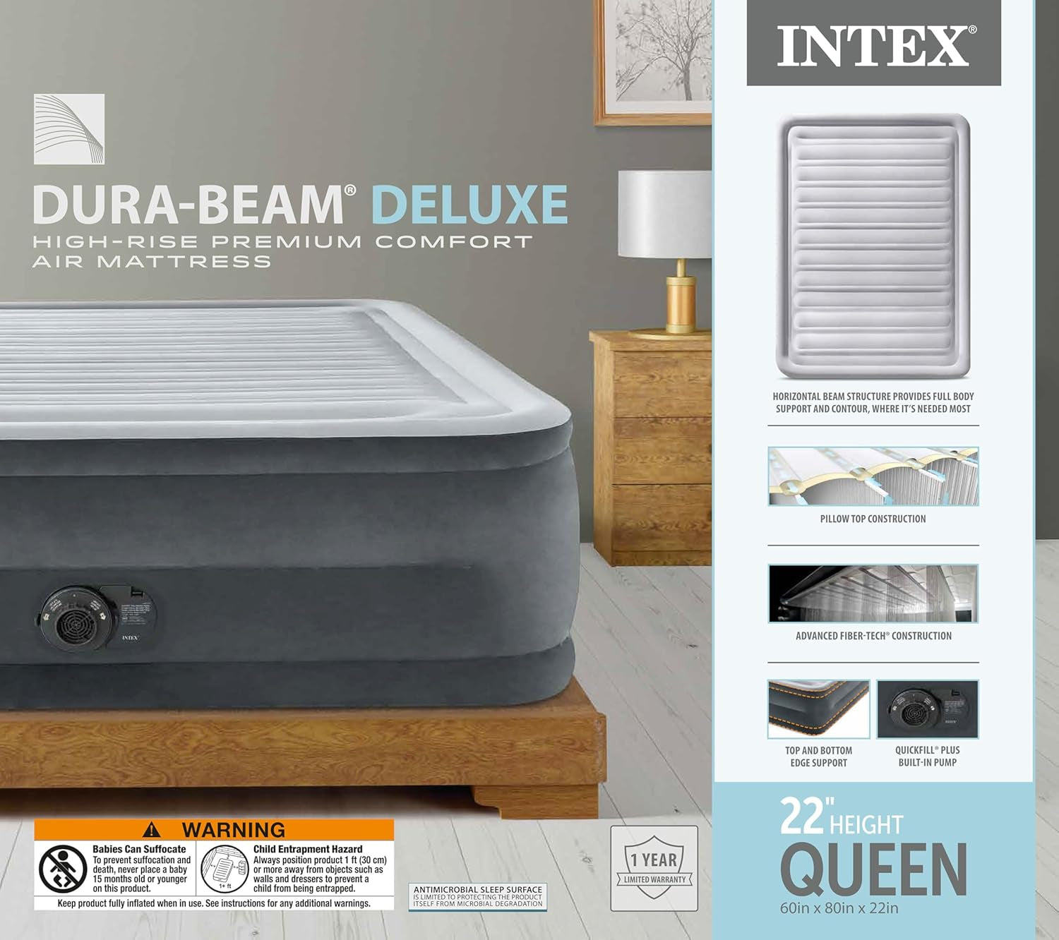 64417ED 22In Queen Dura-Beam Comfort Plush High-Rise Inflatable Air Mattress with Built in Pump for Travel and Camping, 600Lb Weight Capacity