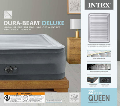 64417ED 22In Queen Dura-Beam Comfort Plush High-Rise Inflatable Air Mattress with Built in Pump for Travel and Camping, 600Lb Weight Capacity