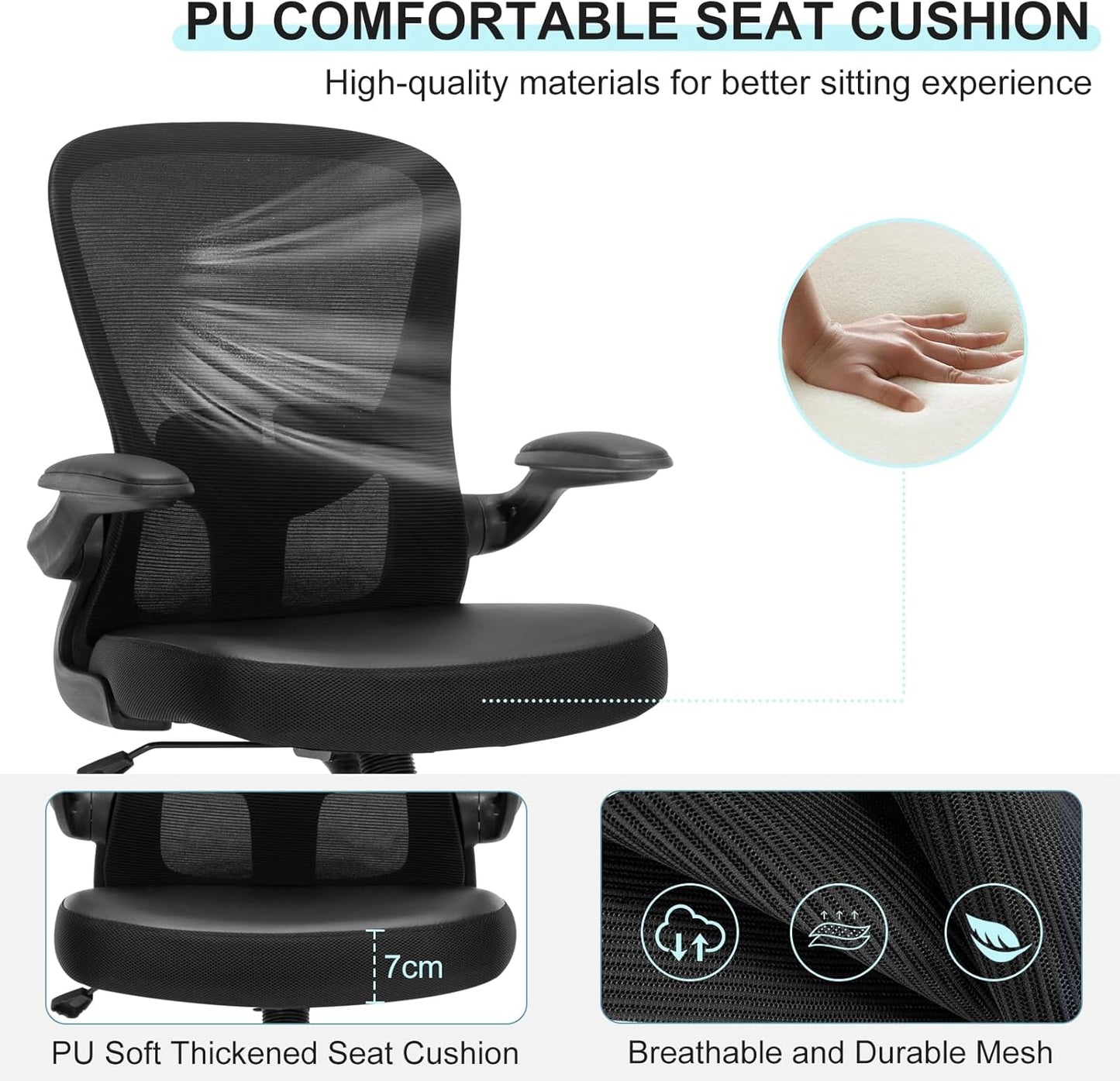 Office Chair, Ergonomic Desk Chair with Flip-Up Armrests, PU Leather Computer Chair Home Office Desk Chairs with Lumbar Support, Mesh Swivel Executive Chair Rolling Task Chair, Black