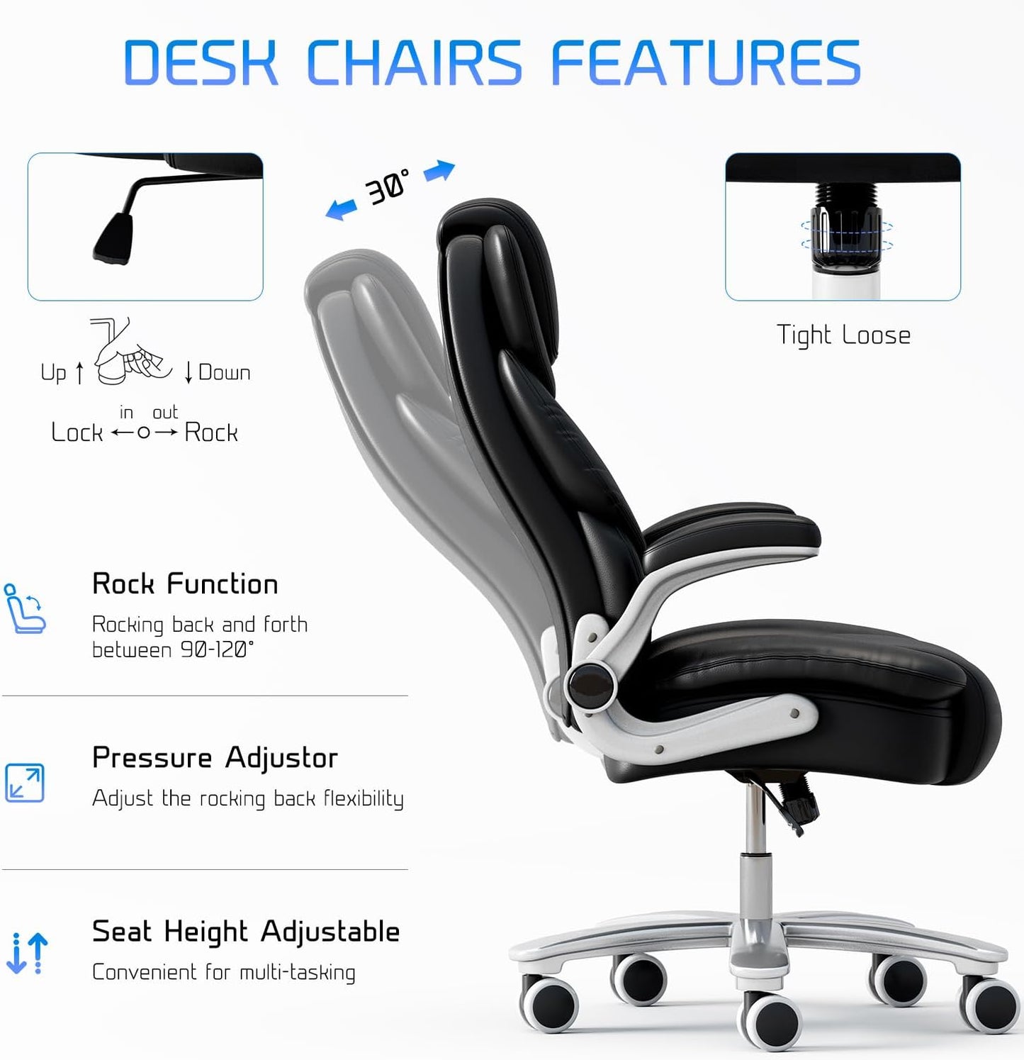 Big and Tall Office Chair 400Lb Wide Seat, Ergonomic High Back Leather Executive Desk Chair with Flip-Up Arms, Black