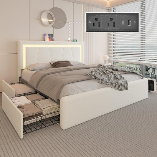 Full Size Bed Frame with 4 Storage Drawers and LED Lights, Upholstered Platform Bed with Adjustable Headboard and Charging Station, Metal Slats Support, No Box Spring Needed,Easy Assembly, White