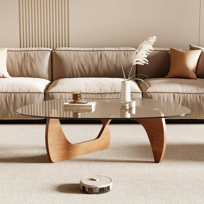 Morden Coffee Table, 42.5" X 28.5" X 16.1" Triangle Tempered Glass Top for Living Room, Color: Natural Wood