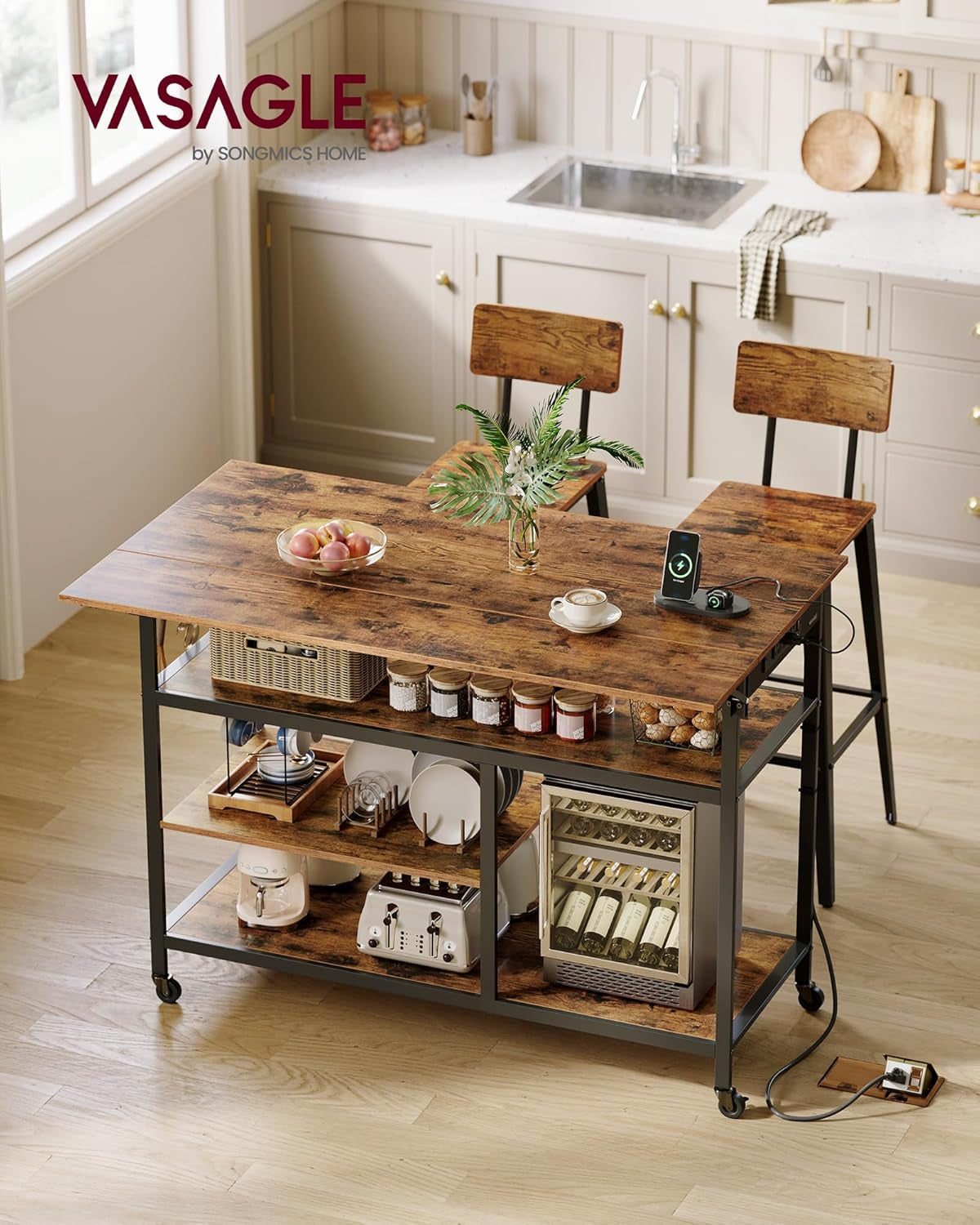 Kitchen Island with Drop Leaf, 47.2" Width Rolling Kitchen Cart with Power Strip, Extendable Worktop, Workbench,Pegboard, Adjustable Shelf, Golden Oak and Cloud White UKKI013Y01