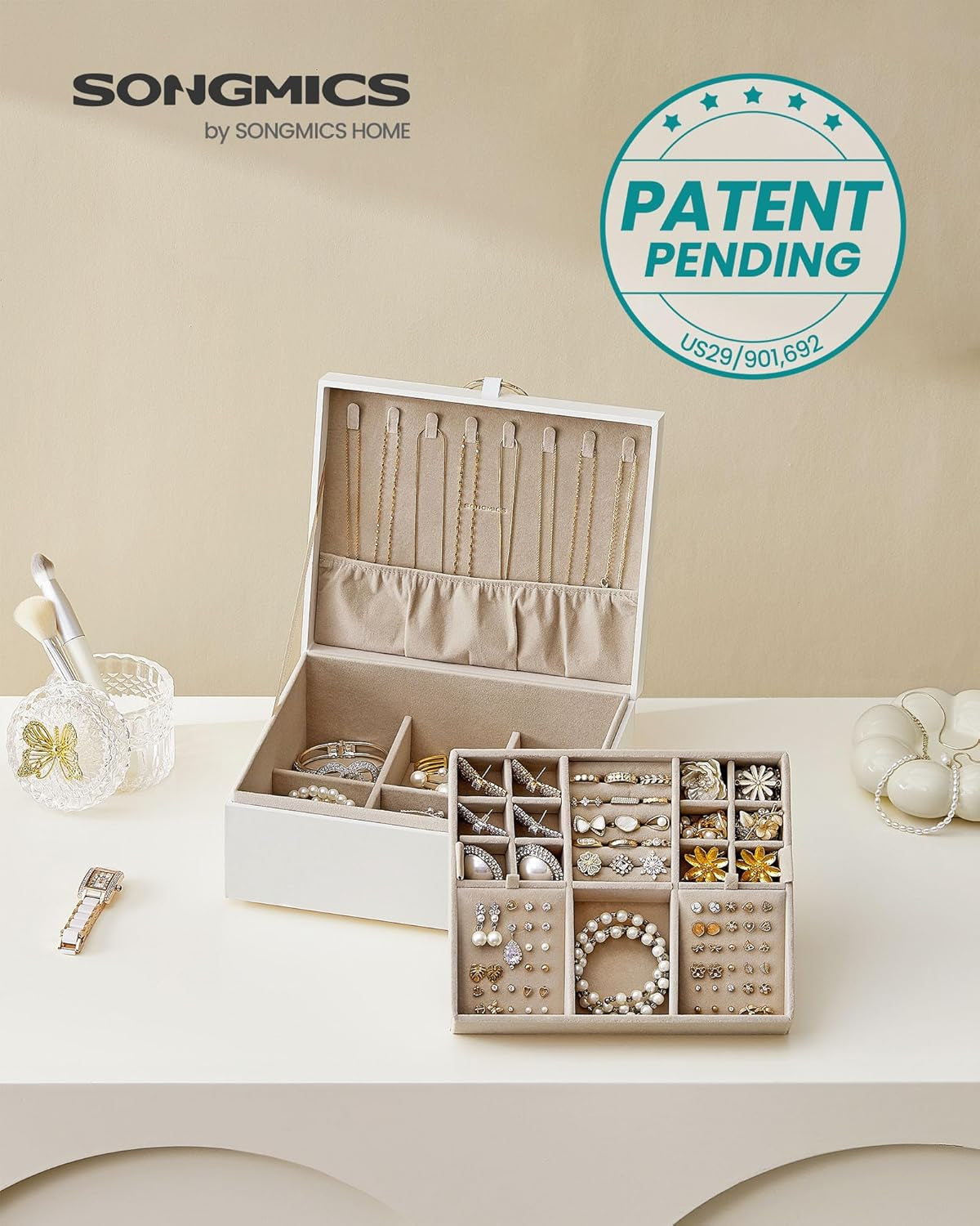 2-Layer Jewelry Box, Jewelry Organizer with Handle, Removable Jewelry Tray, Jewelry Storage, Floating Effect, 8.1 X 9.4 X 4.3 Inches, Gift Idea, White UJBC165W01