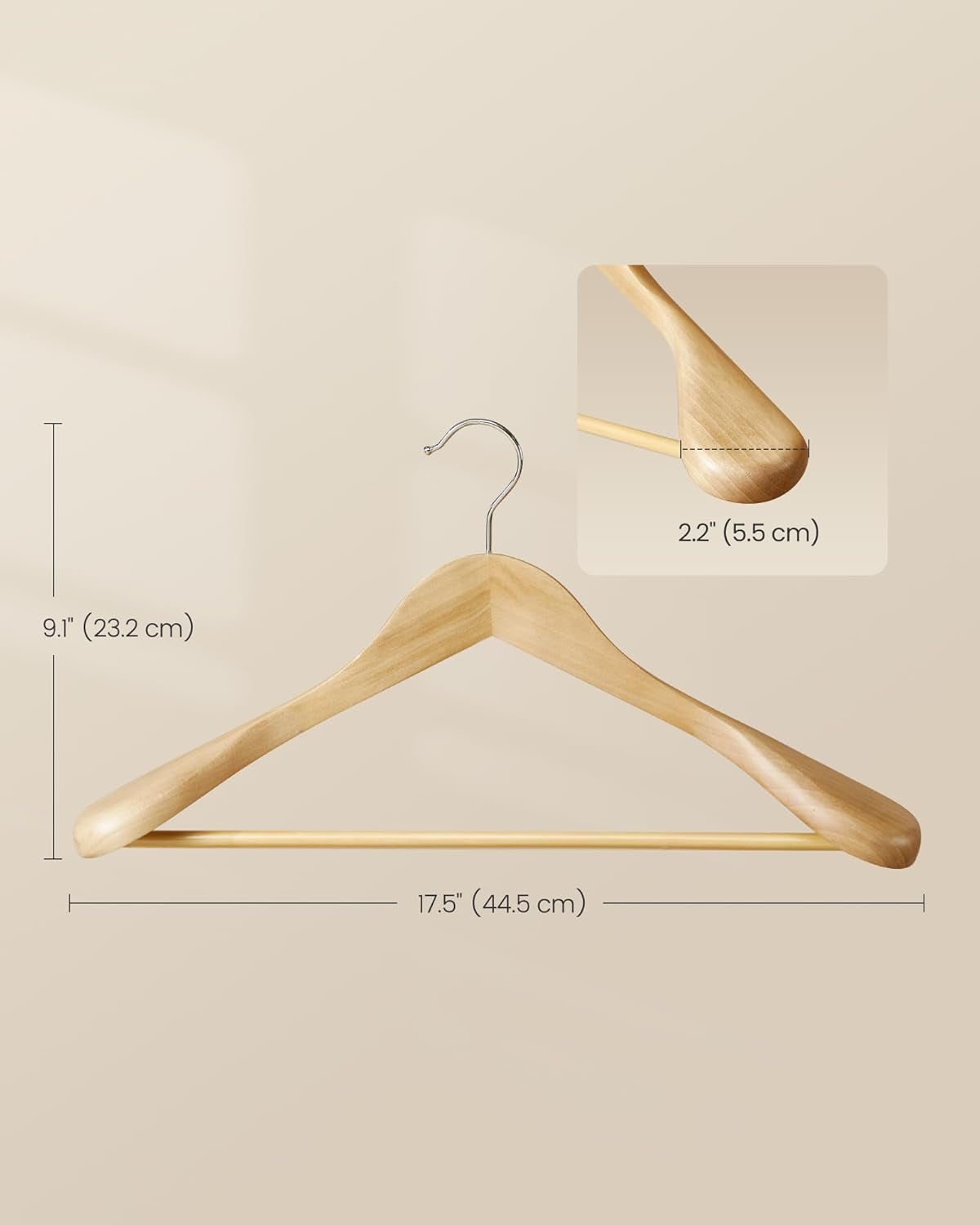 Extra Wide Wooden Suit Hangers, Set of 10 Clothes Hangers, Swivel Hooks, Non-Slip Bars, for Outfits, Suits, Coats, Shirts, Dresses, Natural Color UCRW050KZ02