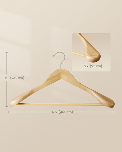 Extra Wide Wooden Suit Hangers, Set of 10 Clothes Hangers, Swivel Hooks, Non-Slip Bars, for Outfits, Suits, Coats, Shirts, Dresses, Natural Color UCRW050KZ02