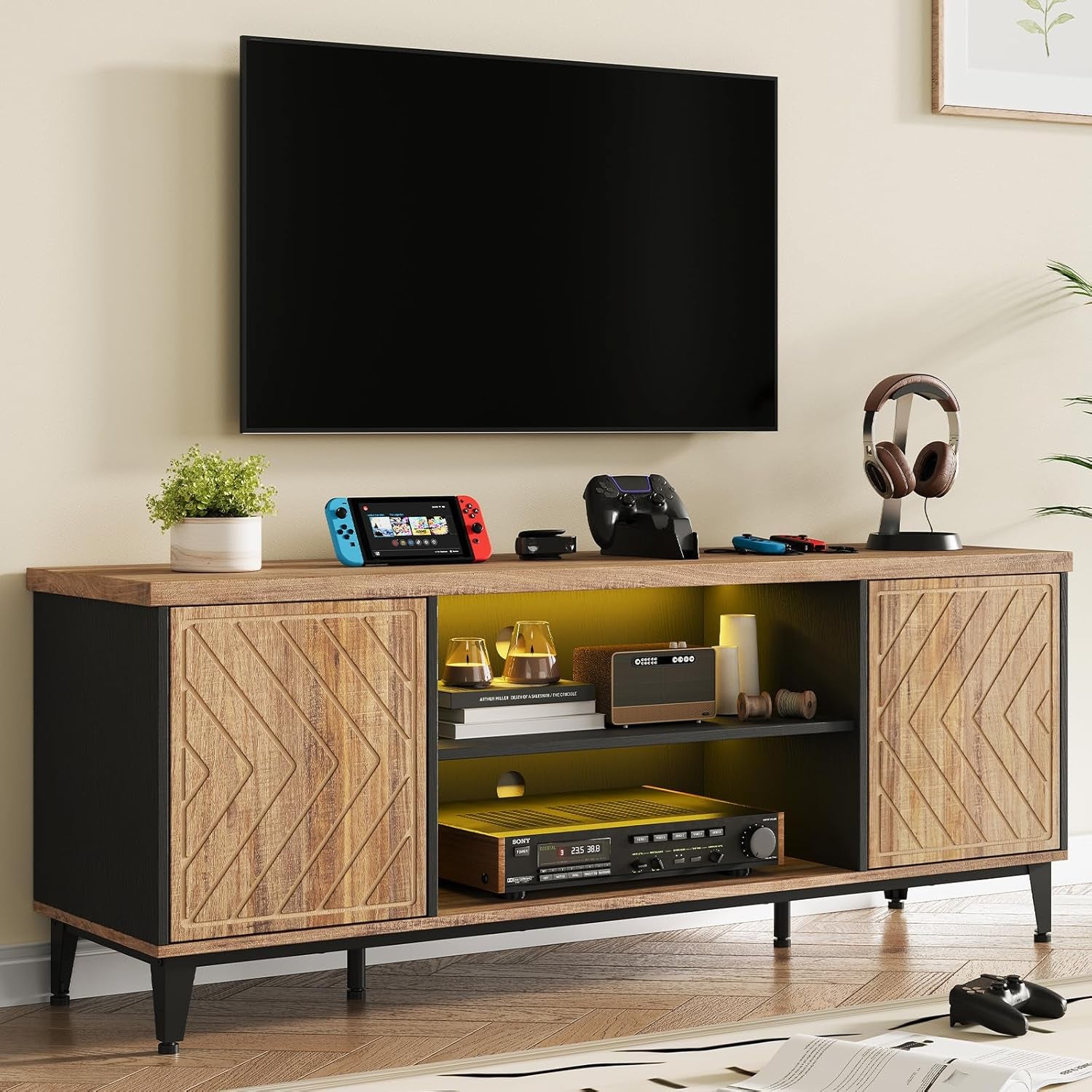 Mid Century Modern TV Stand for 65 Inch, Living Room TV Console, Entertainment Media Center with Storage and LED Lights