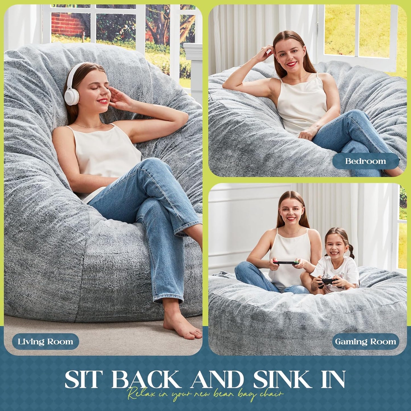 Bean Bag Chairs Giant Beanbag Chair with Filler, Memory Foam Bean Bags with Fluffy & Machine Washable Cover, Bean Bag Chairs for Aduts for Living Room, Bedroom (Grey, 4FT - 44” X 44” X 24”)