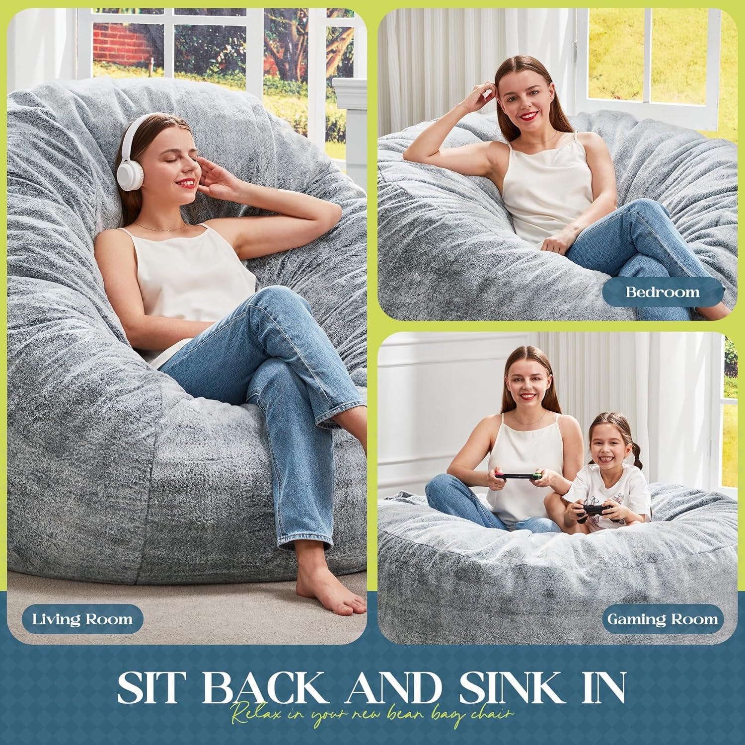 Bean Bag Chairs Giant Beanbag Chair with Filler, Memory Foam Bean Bags with Fluffy & Machine Washable Cover, Bean Bag Chairs for Aduts for Living Room, Bedroom (Grey, 4FT - 44” X 44” X 24”)