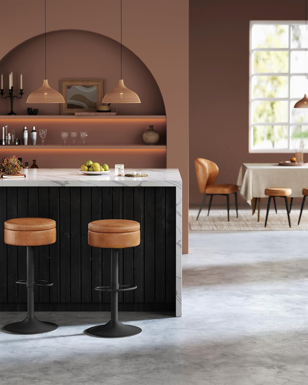 EKHO Collection - 360° Swivel Bar Stool, Height Adjustable Barstool with Storage, Synthetic Leather with Stitching, Mid-Century Modern, Kitchen Bar, Easy Assembly, Ink Black