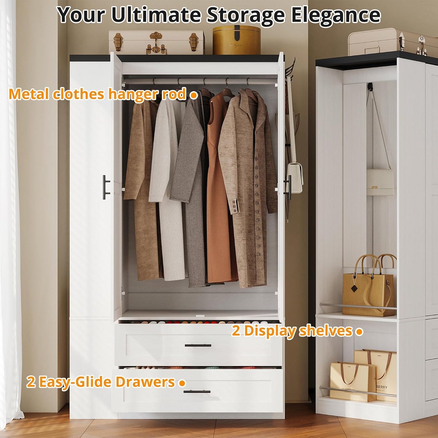 Armoire Wardrobe Closet with Large Mirror, Storage Cabinet with 2 Doors and 2 Drawers, 2 Storage Shelves, 70" Wardrobe Cabinet for Bedroom,White