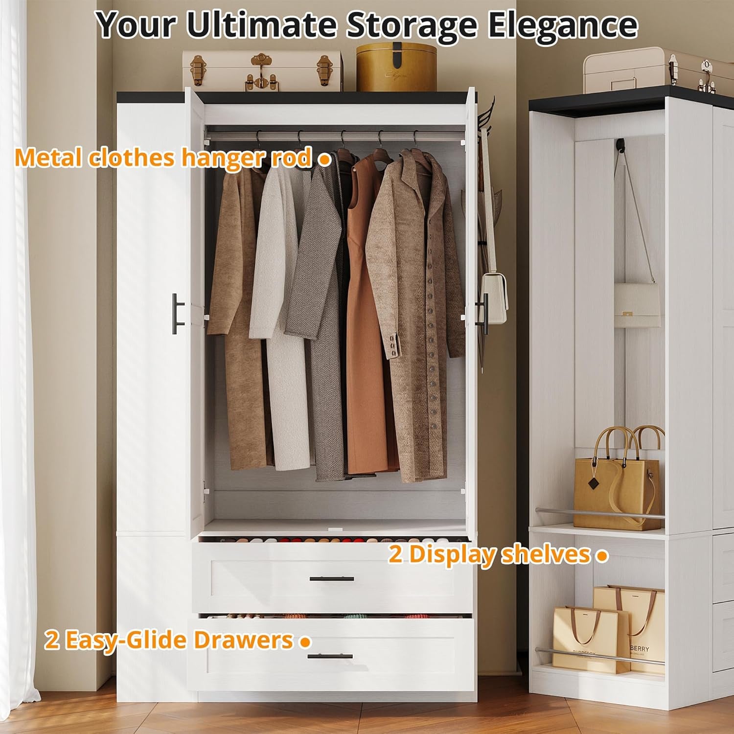 Armoire Wardrobe Closet with Large Mirror, Storage Cabinet with 2 Doors and 2 Drawers, 2 Storage Shelves, 70" Wardrobe Cabinet for Bedroom,White