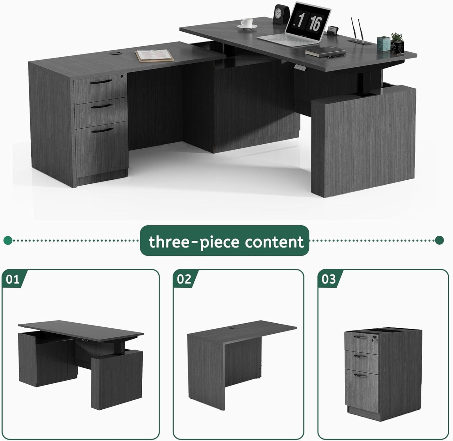 66.93'' L Shaped Executive Standing Desk with Pre-Assembled Frame & Lockable Cabinets, Height Adjustable Desk Dual-Motor Sit-Stand Workstation for Corporate & Home Office (Grey)