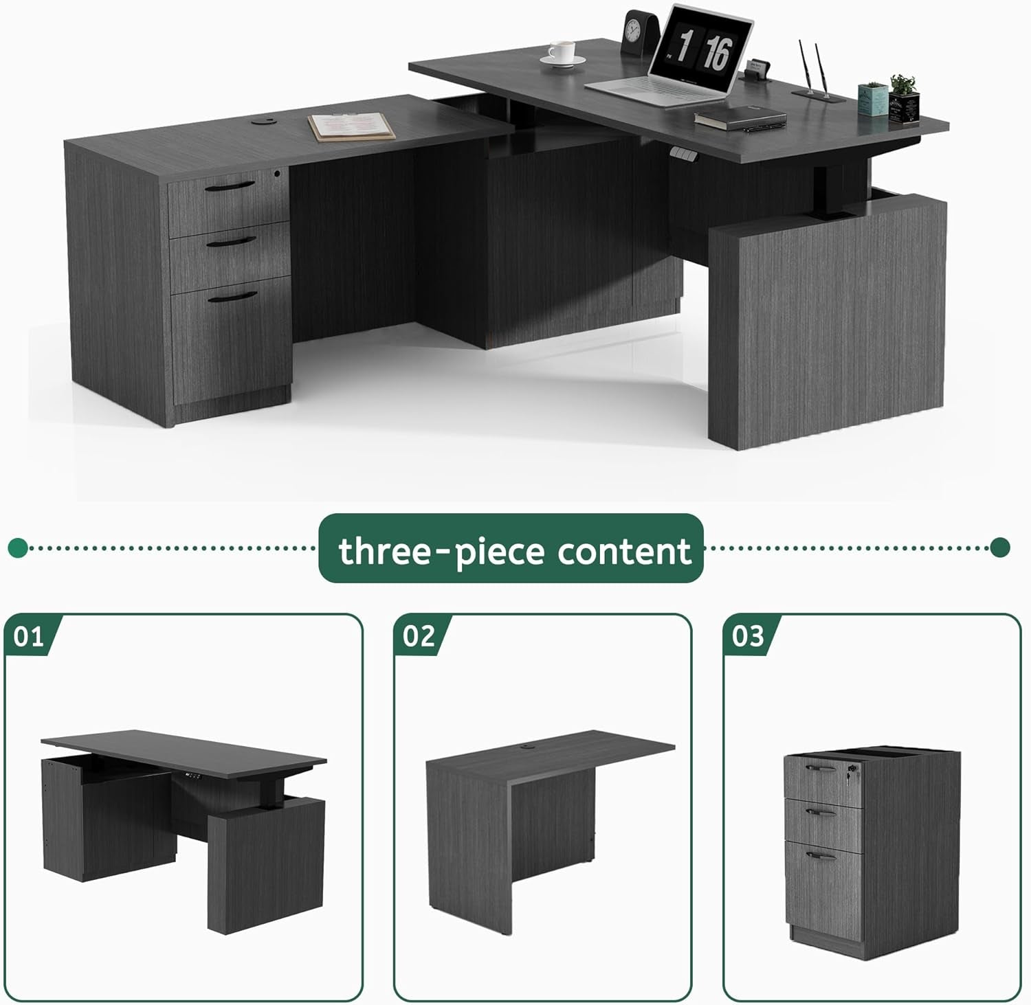 66.93'' L Shaped Executive Standing Desk with Pre-Assembled Frame & Lockable Cabinets, Height Adjustable Desk Dual-Motor Sit-Stand Workstation for Corporate & Home Office (Grey)