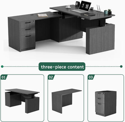 66.93'' L Shaped Executive Standing Desk with Pre-Assembled Frame & Lockable Cabinets, Height Adjustable Desk Dual-Motor Sit-Stand Workstation for Corporate & Home Office (Grey)