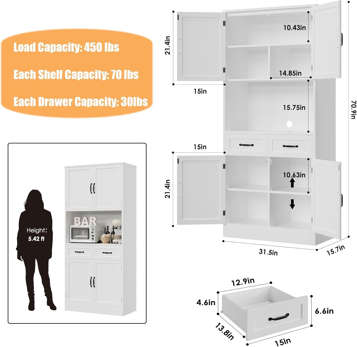 71“ Tall Kitchen Pantry Storage Cabinet, Modern Kitchen Hutch Bar Cabinet with Microwave Stand, Wood Buffet Sideboard with Hutch, Cupboard with Drawers, Shelves for Dining Room, White