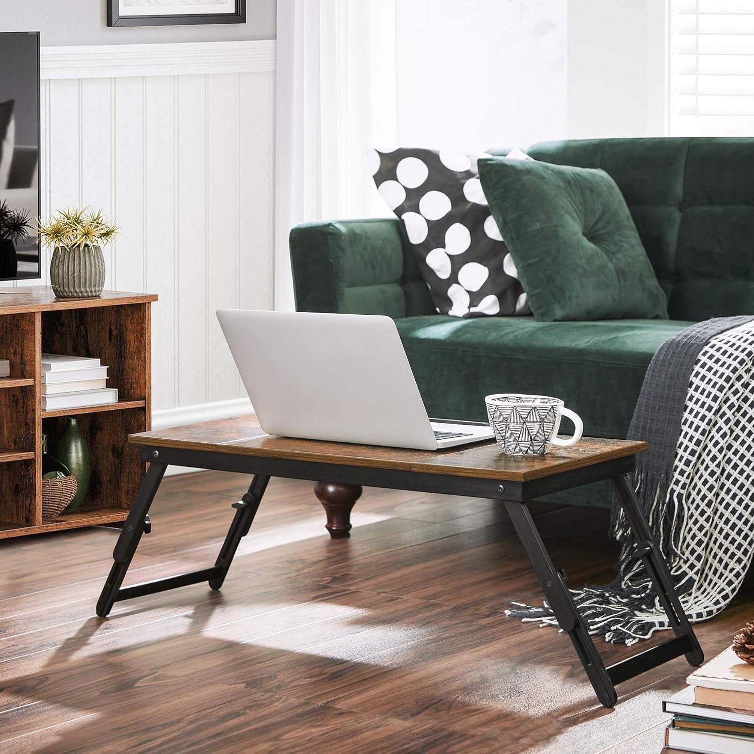 Laptop Desk, Bed Sofa Breakfast Tray, Adjustable Tilt Top, Right-Left Handed, Adjustable Folding Legs, Drawer, Rustic Dark Brown ULLD110B01
