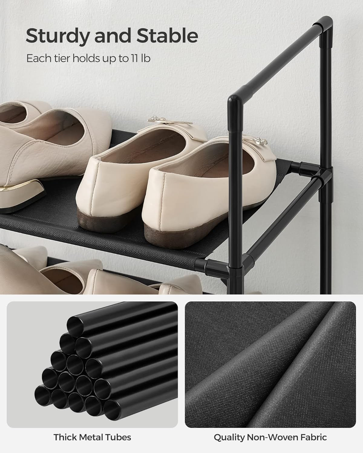 Shoe Rack, 10 Tier Shoe Shelf, Shoe Storage Organizer, Space-Saving, 11 X 17.7 X 68.1 Inches, Metal Frame, Non-Woven Fabric Shelves, for Entryway, Bedroom, Black ULSH010B02