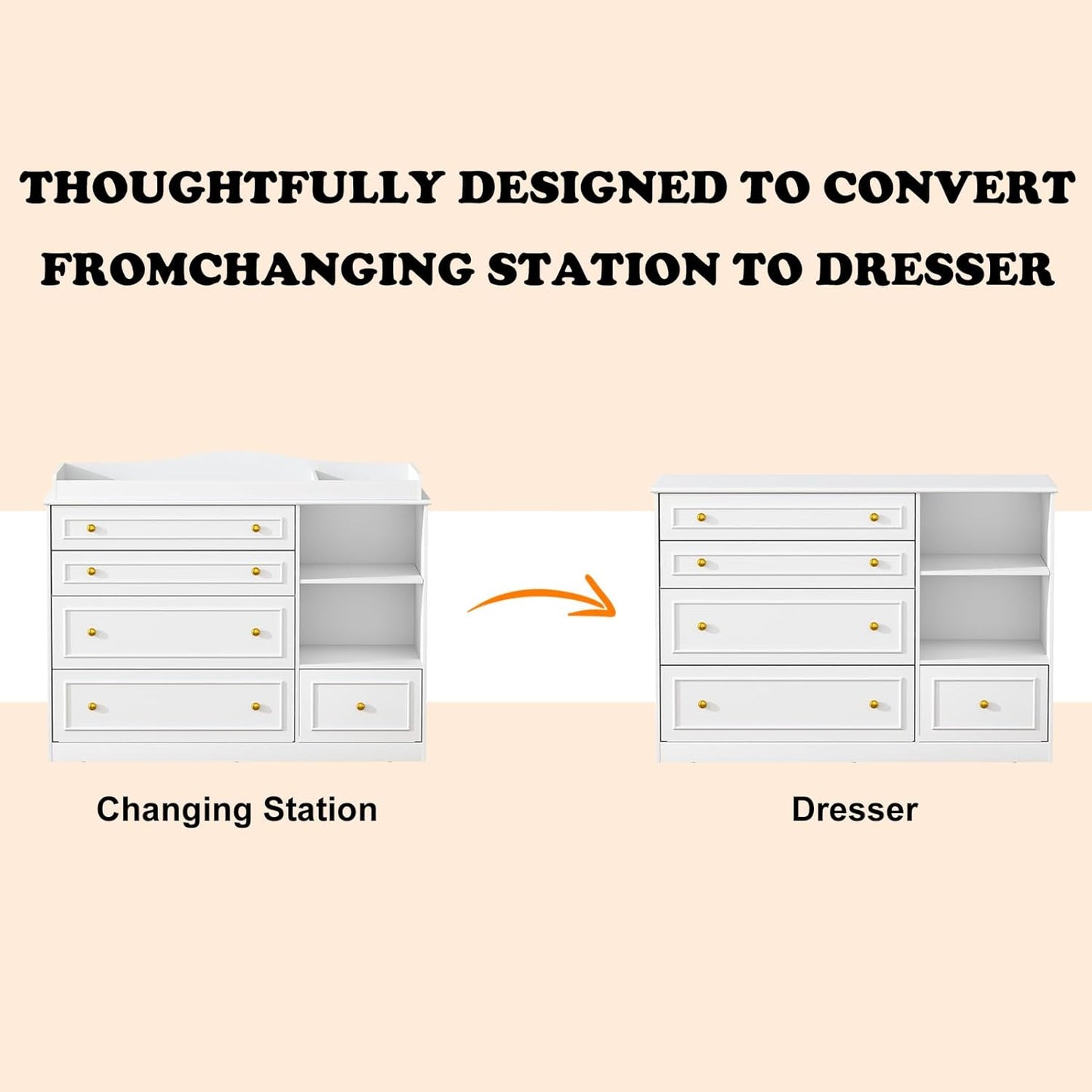 White Changing Table Dresser, Baby Nursery Dresser, Baby Diaper Changing Table, 5 Drawers, Adjustable Shelves, Metal Handle, Curved Wrapping Design, White