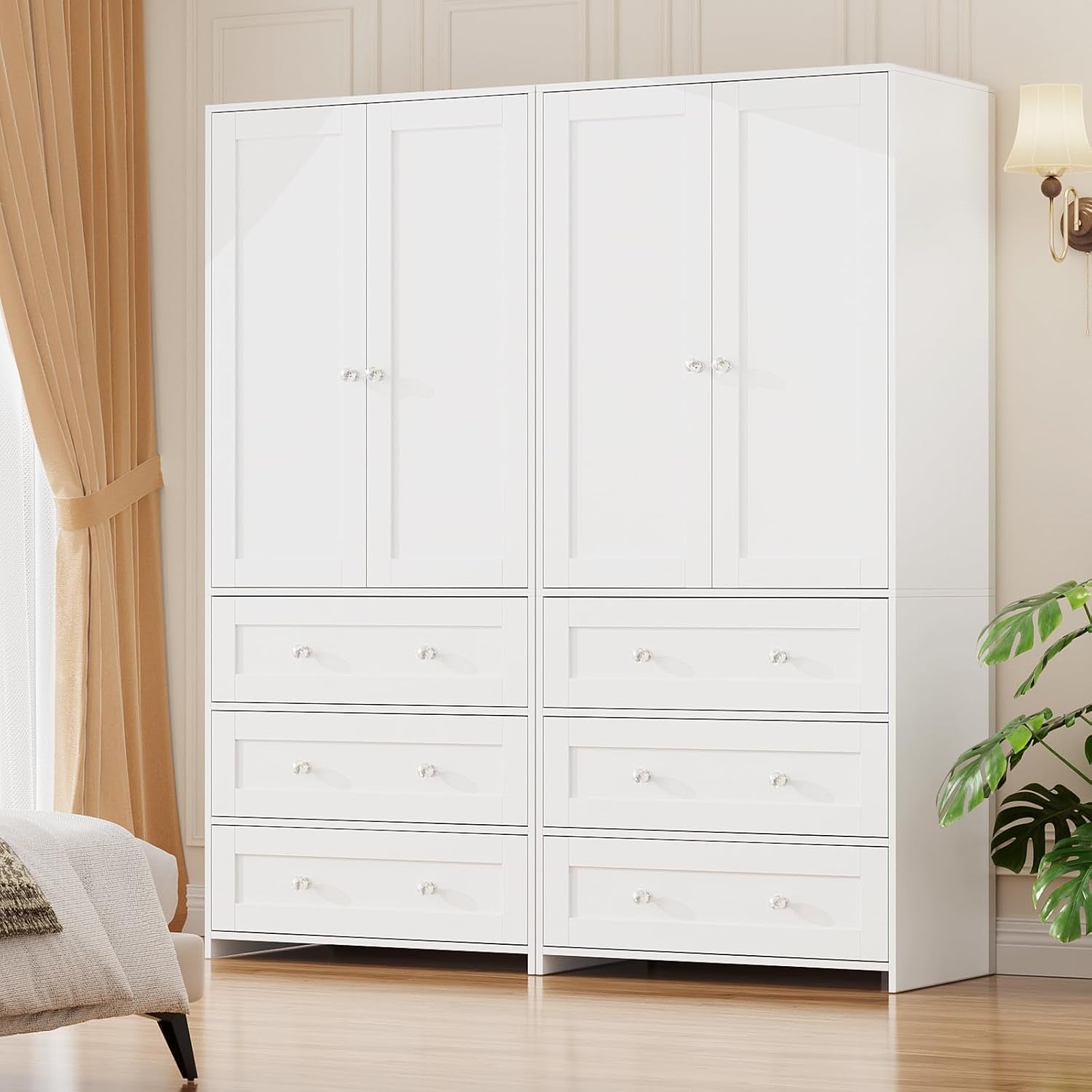 Armoire Wardrobe Closet with Drawers and Mirror, 71" Clothing Storage Cabinet with Hanging Rod, 2 Doors Wooden Wardrobe Cabinet for Bedroom, Large Capacity Storage, White