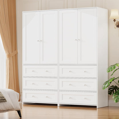 Armoire Wardrobe Closet with Drawers and Mirror, 71" Clothing Storage Cabinet with Hanging Rod, 2 Doors Wooden Wardrobe Cabinet for Bedroom, Large Capacity Storage, White
