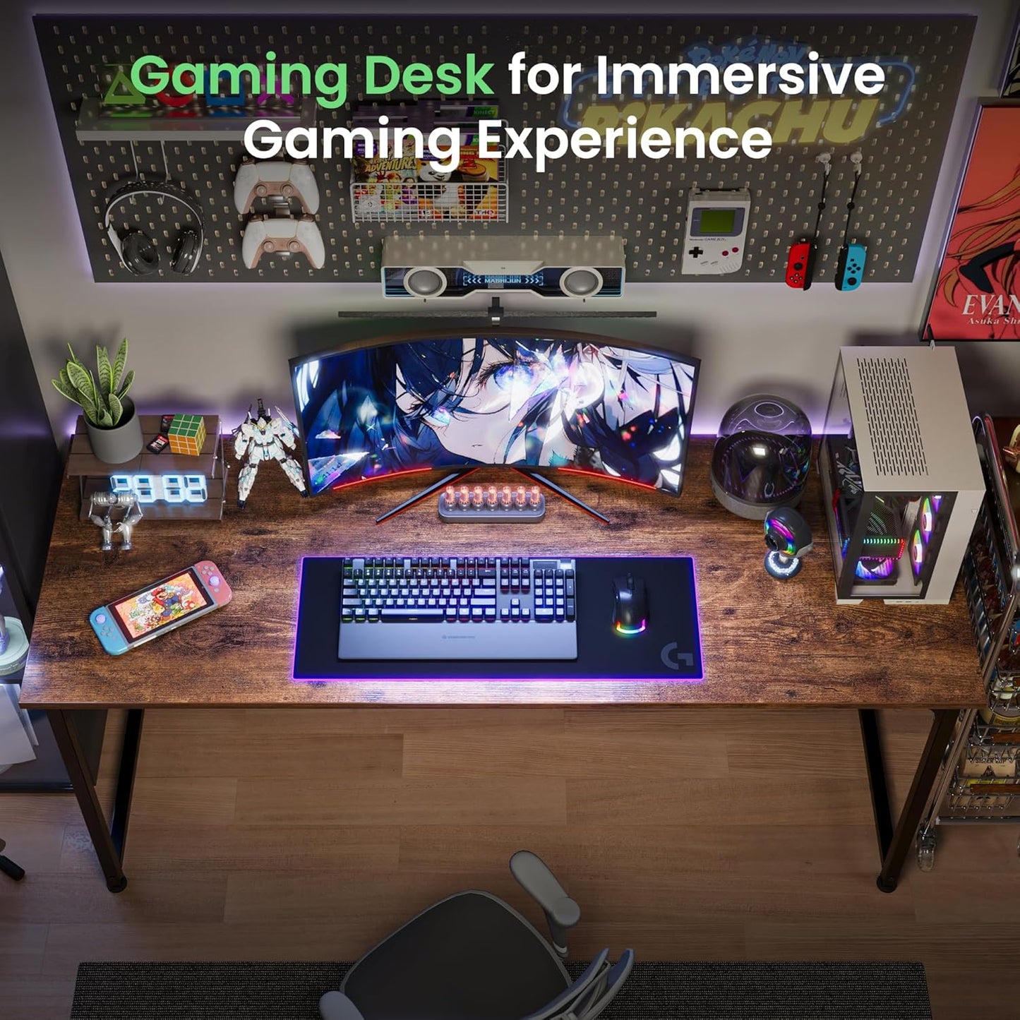 Computer Desk, 55 Inch Home Office Desk, Gaming Writing Work from Home Study Desk, Large Legroom, Sturdy Metal Frame, Modern Simple, Rustic Brown