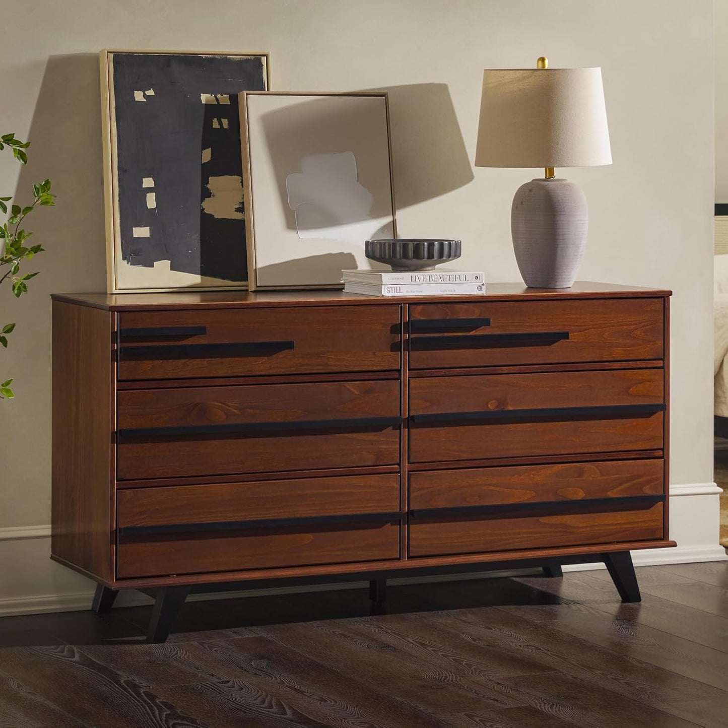 Malhia Contemporary Minimalist Solid Wood 6-Drawer Dresser, 60 Inch, Walnut