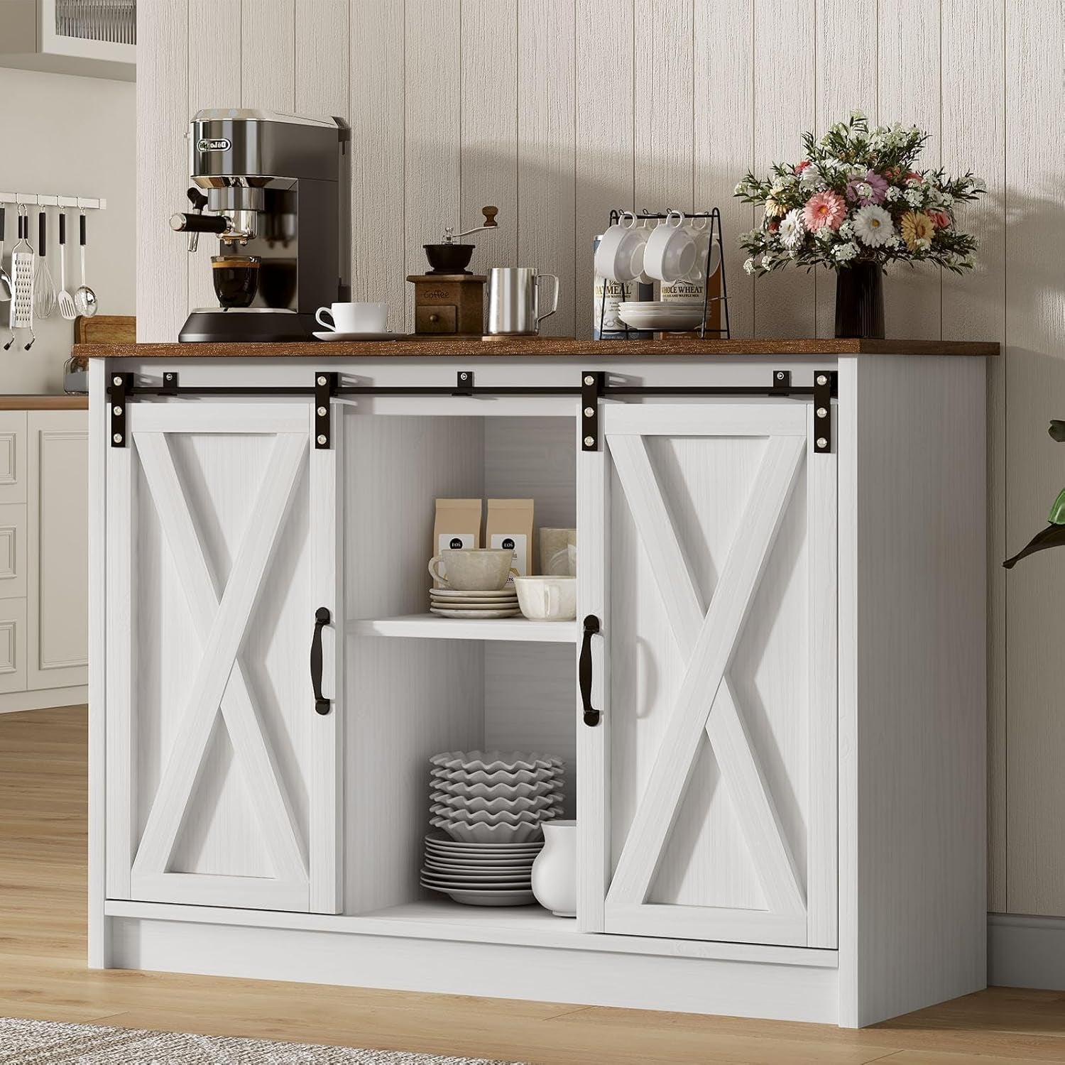 Coffee Bar Cabinet with Sliding Barn Doors, 42”Farmhouse Buffet Cabinet with Storage for Kitchen, Coffee Bar with Adjustable Shelf for Dining Room, White