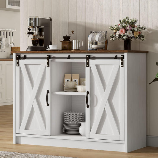 Coffee Bar Cabinet with Sliding Barn Doors, 42”Farmhouse Buffet Cabinet with Storage for Kitchen, Coffee Bar with Adjustable Shelf for Dining Room, White