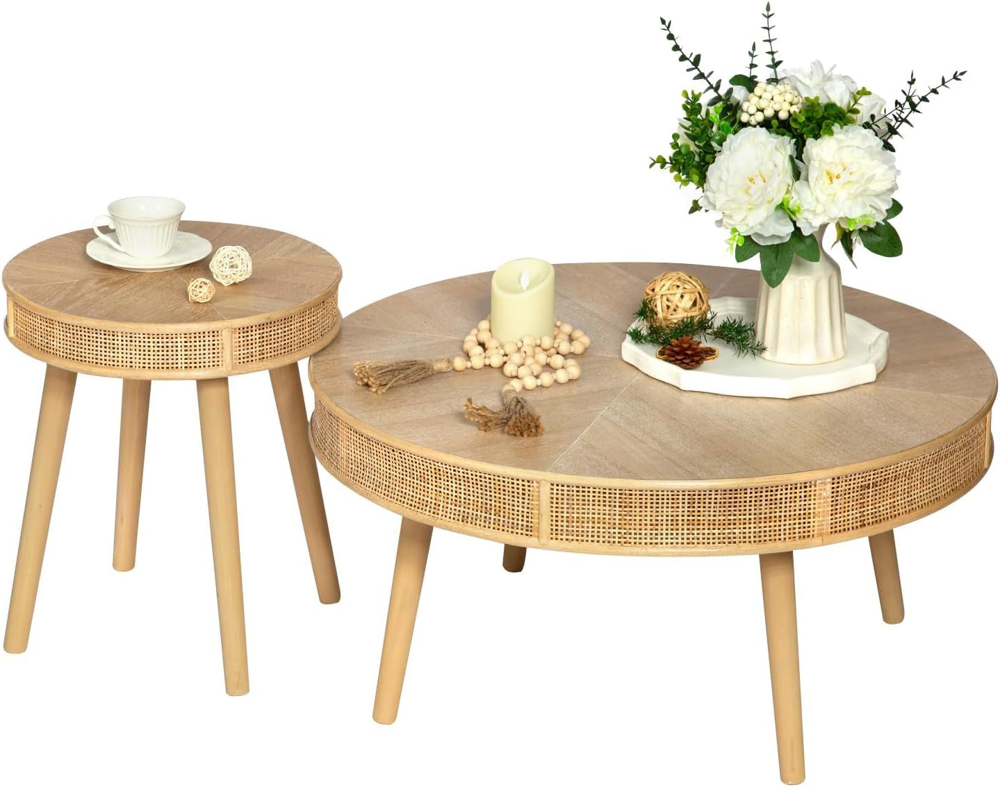 2-Piece Farmhouse Coffee Table, Modern Rustic Sofa Side Tea Tables, Solid Wood Finish with Crafted Rattan Side and End Table Sets for Living Room (Natural)