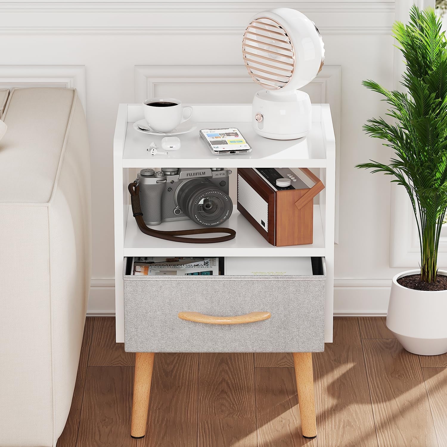 White Night Stand with Drawer, Mid Century Modern Bedside Table, Sturdy Wood Nightstand with Open Storage Shelf, Small Bedside Table for Bedroom, Kids Room & Small Spaces.
