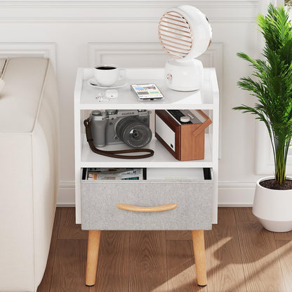 White Night Stand with Drawer, Mid Century Modern Bedside Table, Sturdy Wood Nightstand with Open Storage Shelf, Small Bedside Table for Bedroom, Kids Room & Small Spaces.