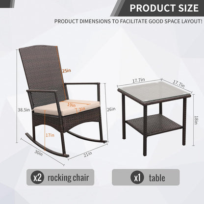 Outdoor Rocking Chair 3 Pieces High-Backed Rocking Chair Patio Rocking Chairs Outdoor Table, Khaki