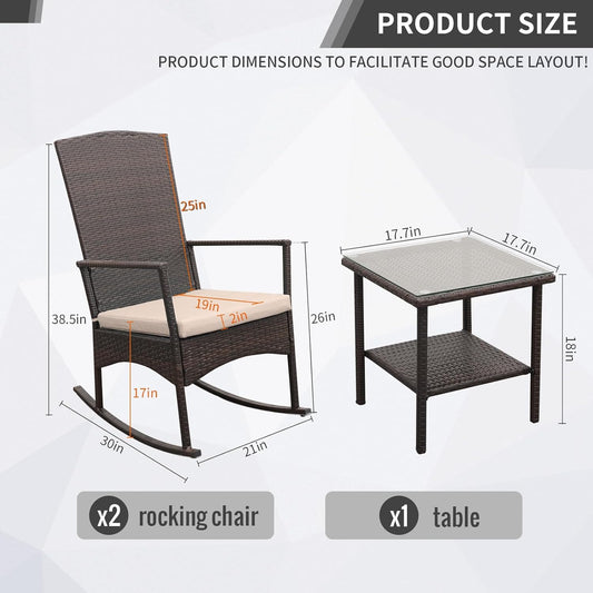 Outdoor Rocking Chair 3 Pieces High-Backed Rocking Chair Patio Rocking Chairs Outdoor Table, Khaki