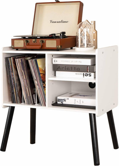 Record Player Stand, Mid-Century Record Player Table with Storage Hold up to 150 Albums , Vinyl Record Cabinet with Adjustable Shelves , Wood Turntable Stand for Living Room Bedroom (White)