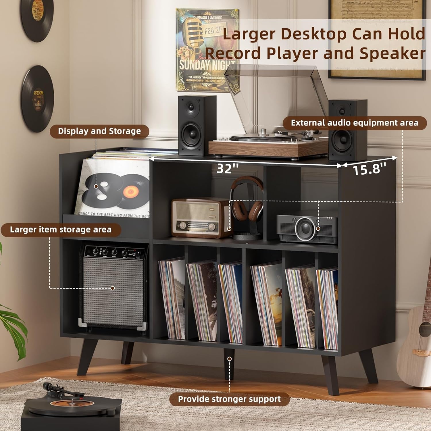 Large Record Player Stand, 48''Turntable Stand with Storage, Vinyl Record Holder with Display Area, Record Player Table Holds up to 450 Albums, Record Stand for Music Room Living Room