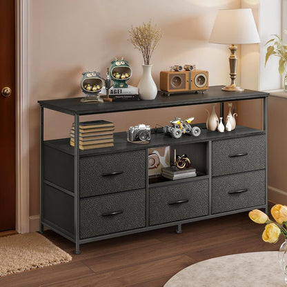 TV Stand for Bedroom, 47 Inch Dresser TV Stand for 43, 50, 55 Inch Tvs, 5 Drawers Entertainment Center with Storage, LED Lights & Power Outlets, Media TV Console Table for Living Room, Black