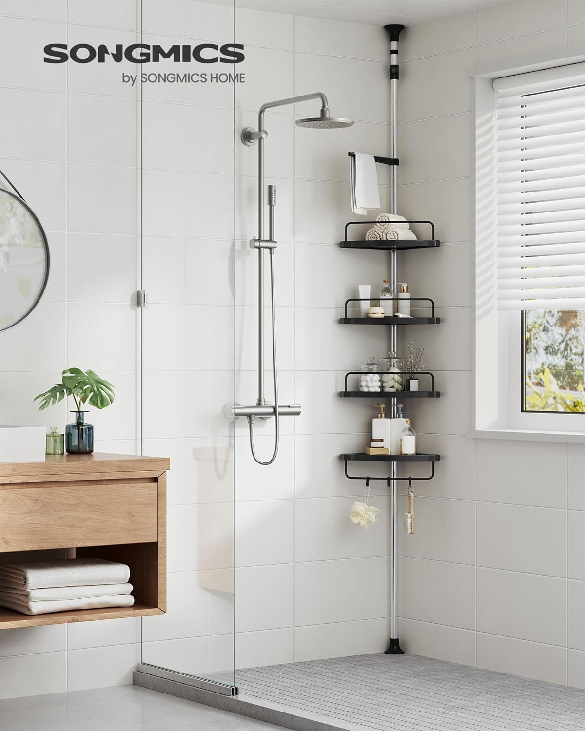 Corner Shower Caddy Tension Pole, 4-Tier Rust-Resistant Shower Organizer, Shower Shelf, Drill-Free, 35.8 to 118.1 Inches, Height Adjustable Trays, for Bathroom, Ink Black UBCB008B01