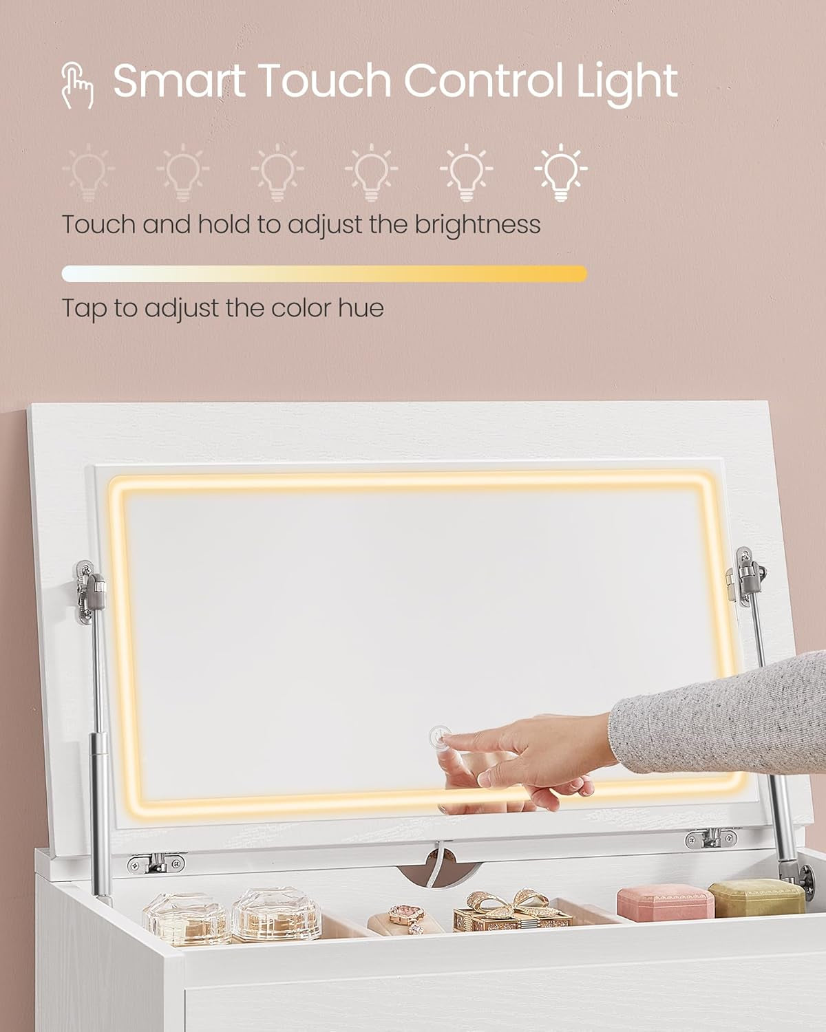 5-Drawer Dresser with Mirror and Lights for Bedroom, Chest of Drawers, Storage Tower Unit, for Closet, Living Room, Entryway, Modern Minimalist Style, Snow White ULTS615W01