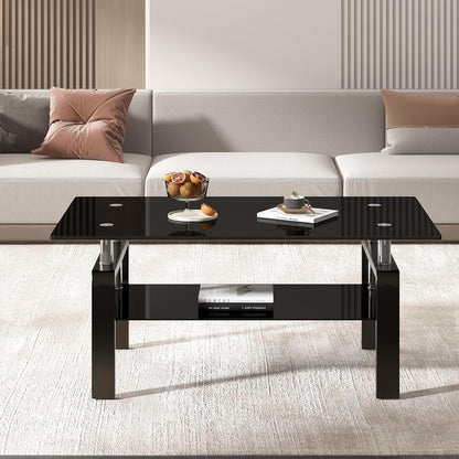 Glass Coffee Table Set of 3, Modern Black Living Room Tables, Coffee and End Tables, 3Pcs Coffee Table Set for Living Room (All Black Set of 3)