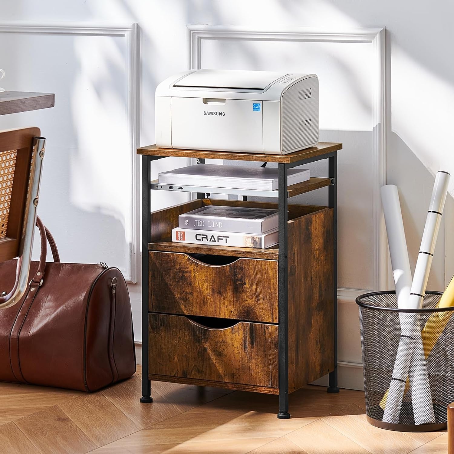 End Table with Charging Station, Narrow Side Table with 2 Drawers, Nightstand with 7 Color LED Light, Slim Bedside Table for Bedroom, Living Room, Small Spaces, Brown