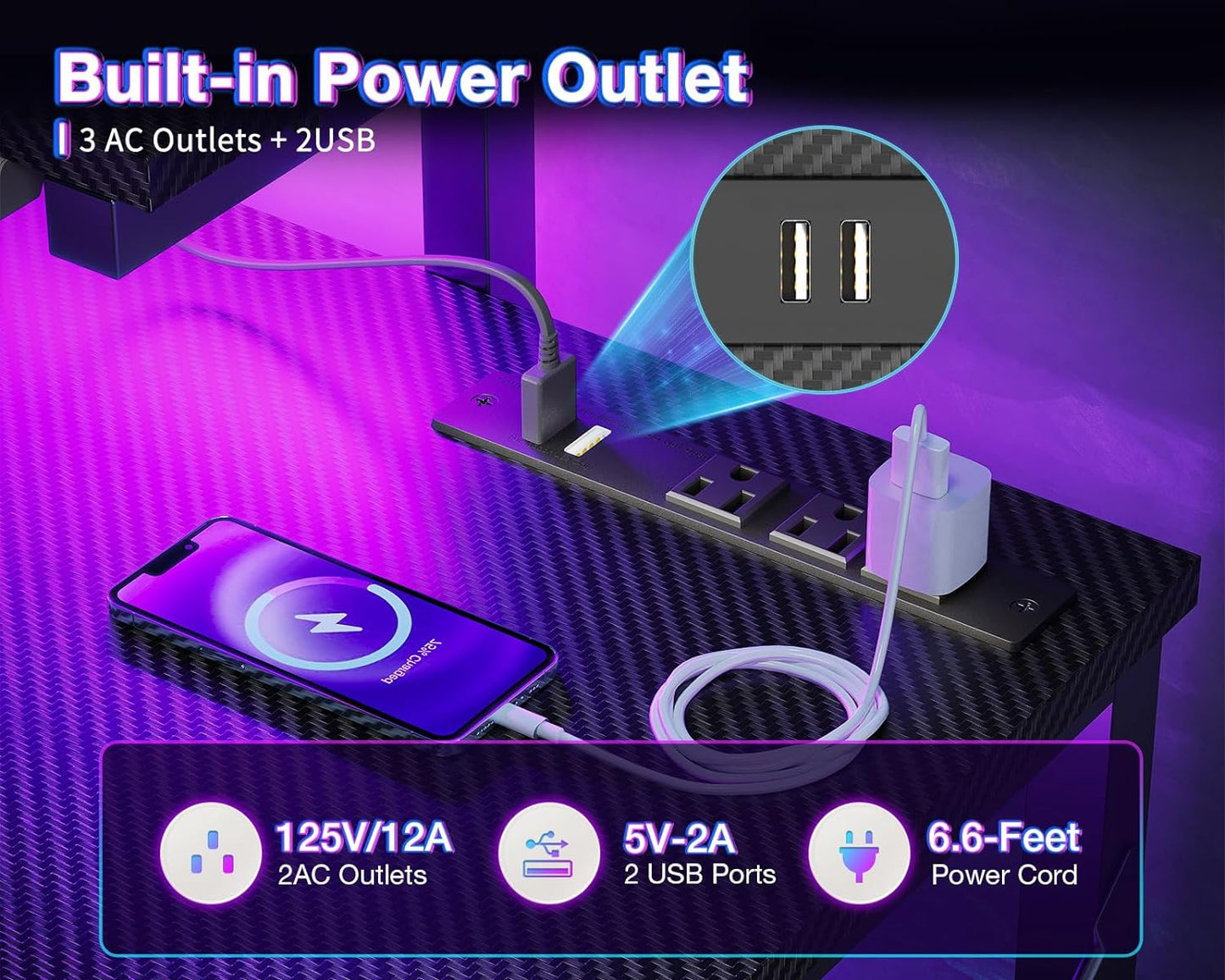 40 Inch Small Gaming Desk with Storage & Led Lights, Computer Desk with Power Outlet & Shelf, Reversible Gamer Desk with Adjustable Monitor Stand, Carbon Fiber Texture Black