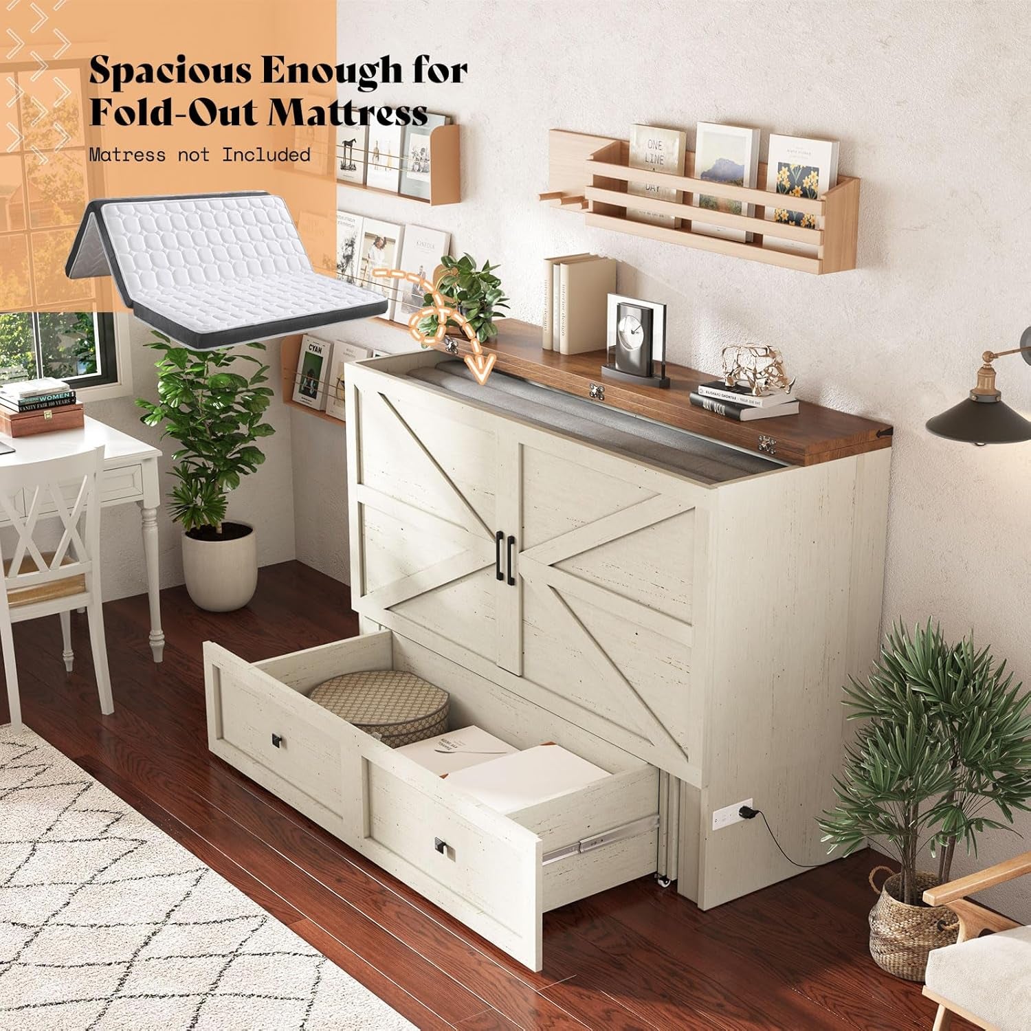 Queen Murphy Bed with Storage & Charging Station, Farmhouse Murphy Cabinet with Foldable Panel, Noisy Free, for Guest Bedroom, Living Room, Office, Distressed White