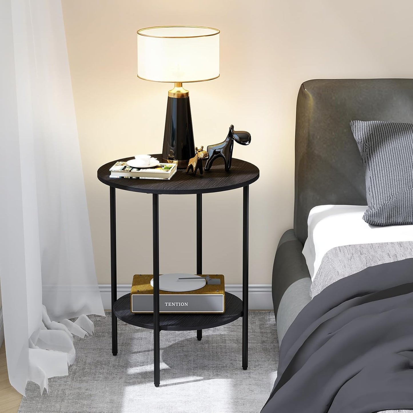 Side Table,Round End Table with 2 Storage Shelves| Compact Side Tables for Living Room, Couch, Office & Bedroom | Narrow Accent Table as Space-Saving Small Bedside Table 18X18X22In(Black)