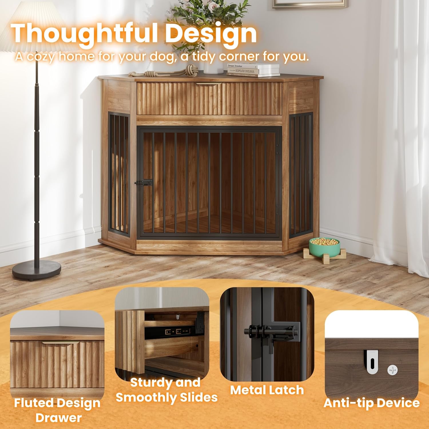 Corner Dog Crate Furniture with Fluted Storage Drawer, 44.6'' Wooden Dog Kennel End Table for TV Stand, Furniture Style, Corner Space-Saving Dog Cage for Small Medium Dog, Walnut