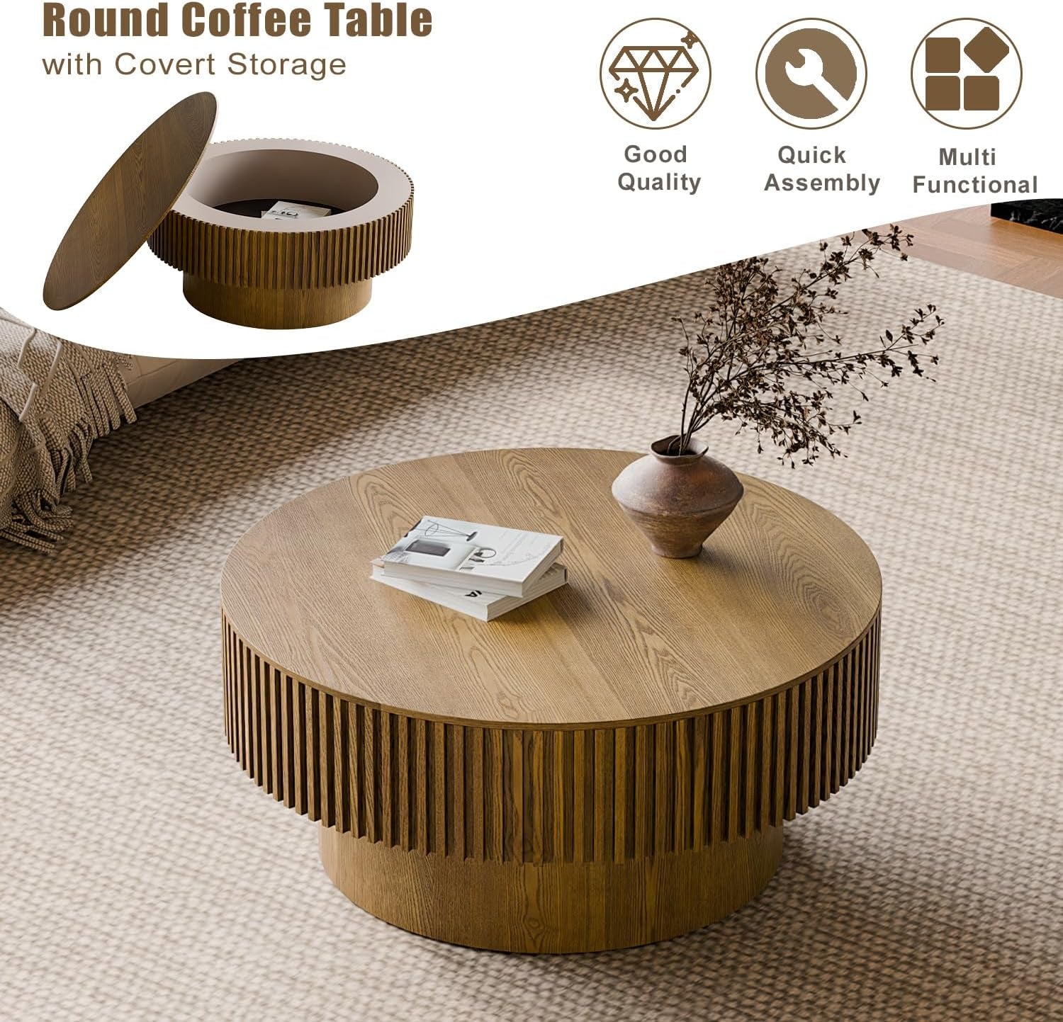 Round Coffee Table with Storage, Modern Wooden Coffee Table with Solid Wood Veneered, Circle Center Table Accent Tea Table for Living Room Apartment Small Space (31.5''L × 31.5''W × 14''H, Brown)