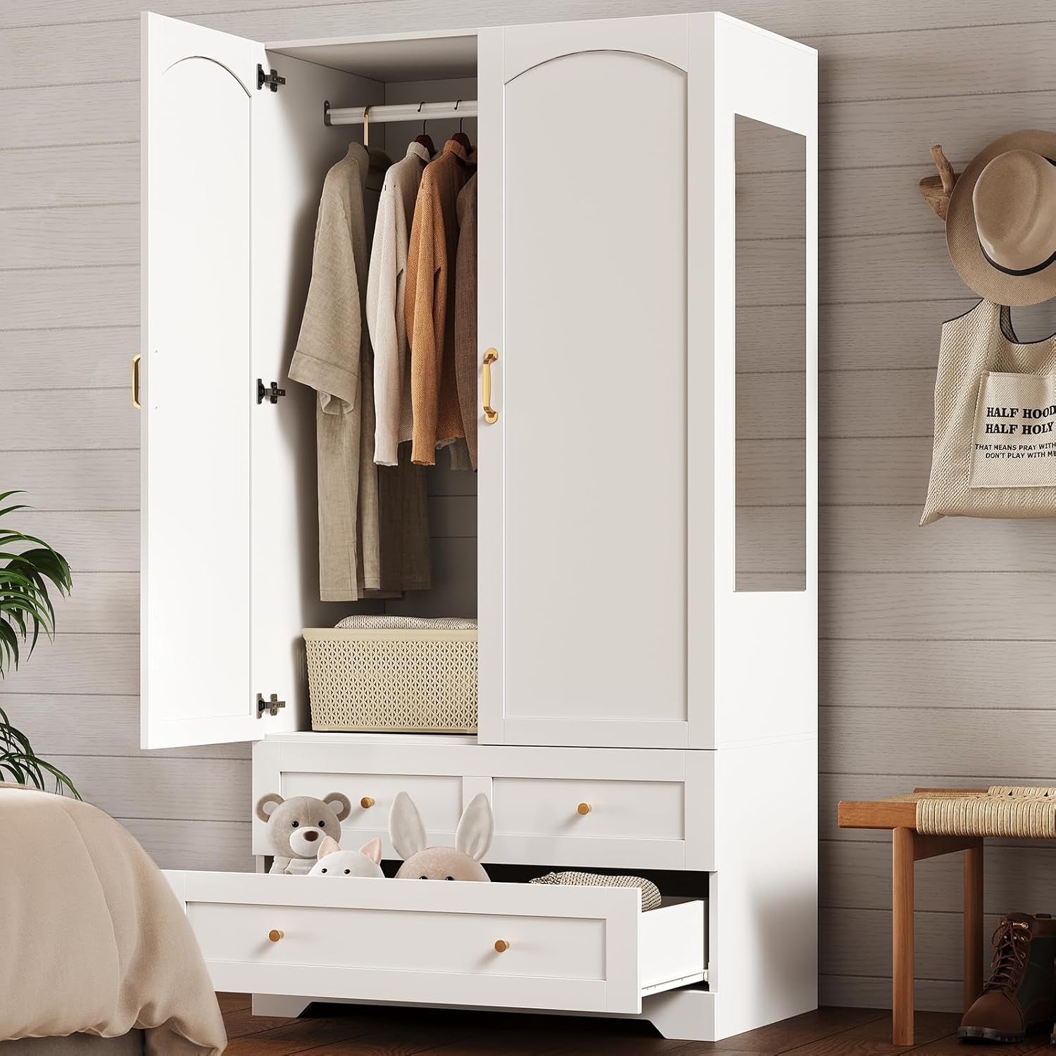 Armoire Wardrobe Closet with 2 Storage Drawers & 2 Door Cabinet, Bedroom Armoires with Full-Length Mirror, White Freestanding Wardrobe Combination with Hanging and Organizing Clothes for Home
