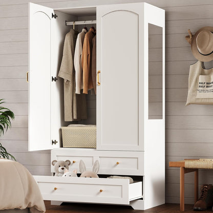 Armoire Wardrobe Closet with 2 Storage Drawers & 2 Door Cabinet, Bedroom Armoires with Full-Length Mirror, White Freestanding Wardrobe Combination with Hanging and Organizing Clothes for Home